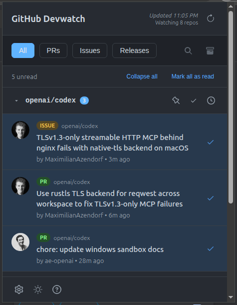 Popup activity feed showing repository updates