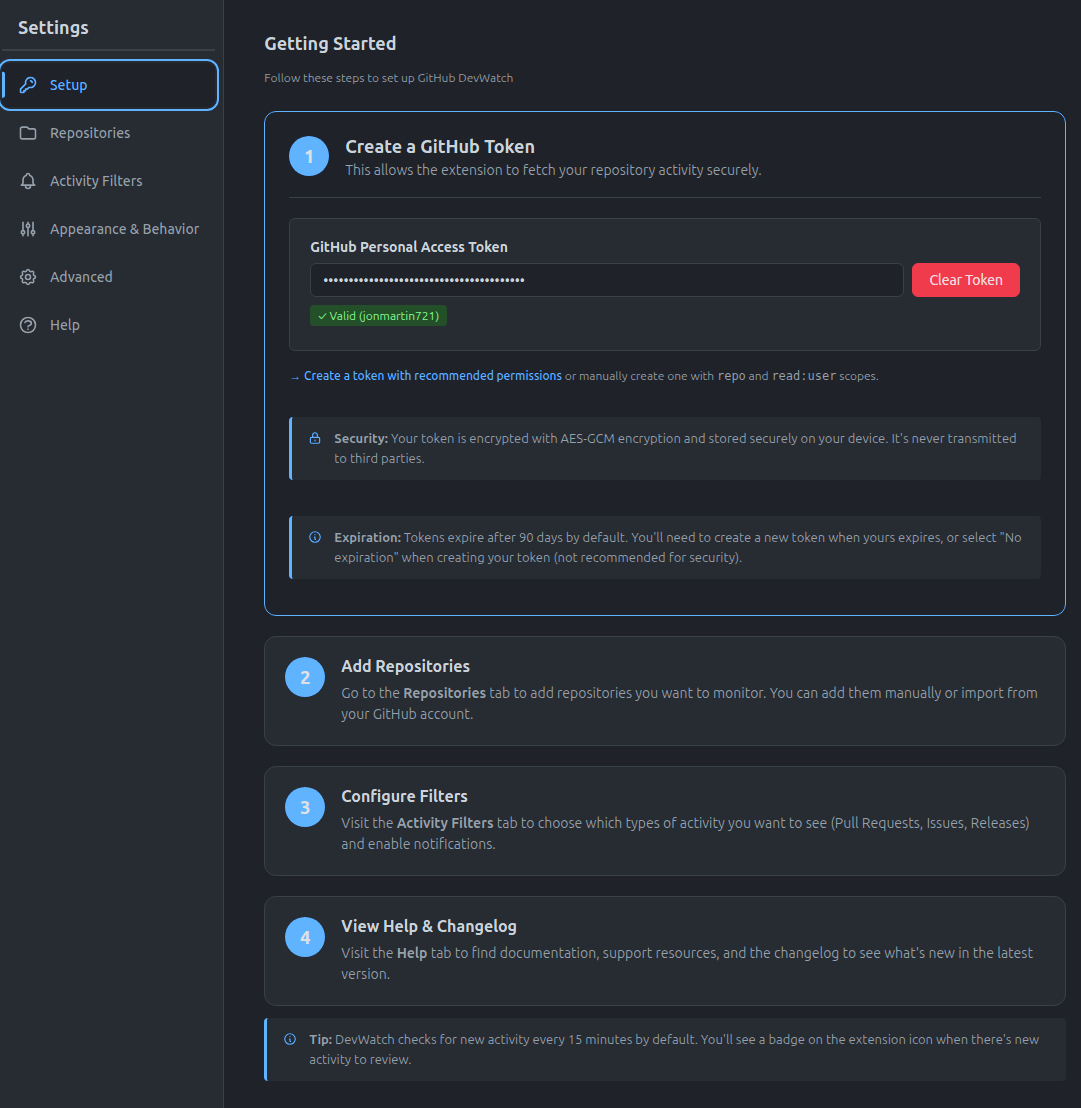 Settings page for configuring repositories